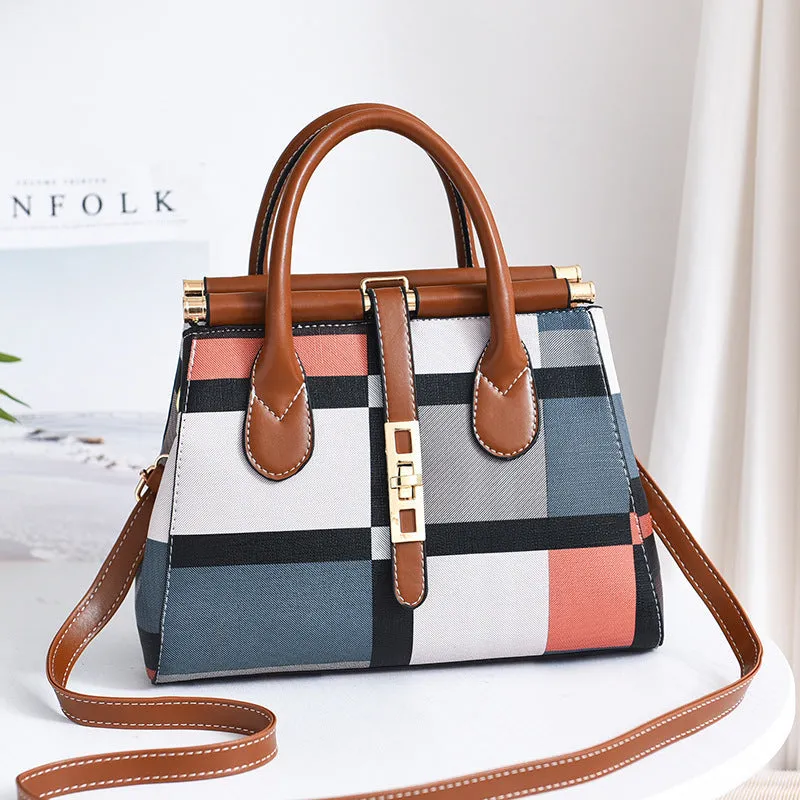 Women's large capacity PU leather Boston handbag in horizontal square shape with soft handle and belt decoration