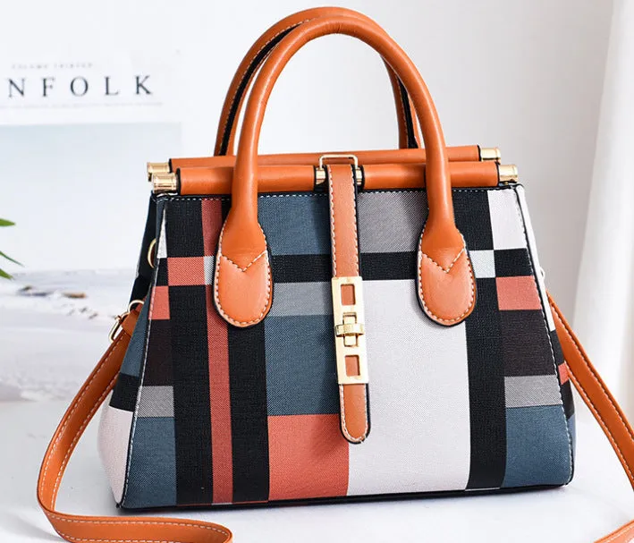 Women's large capacity PU leather Boston handbag in horizontal square shape with soft handle and belt decoration