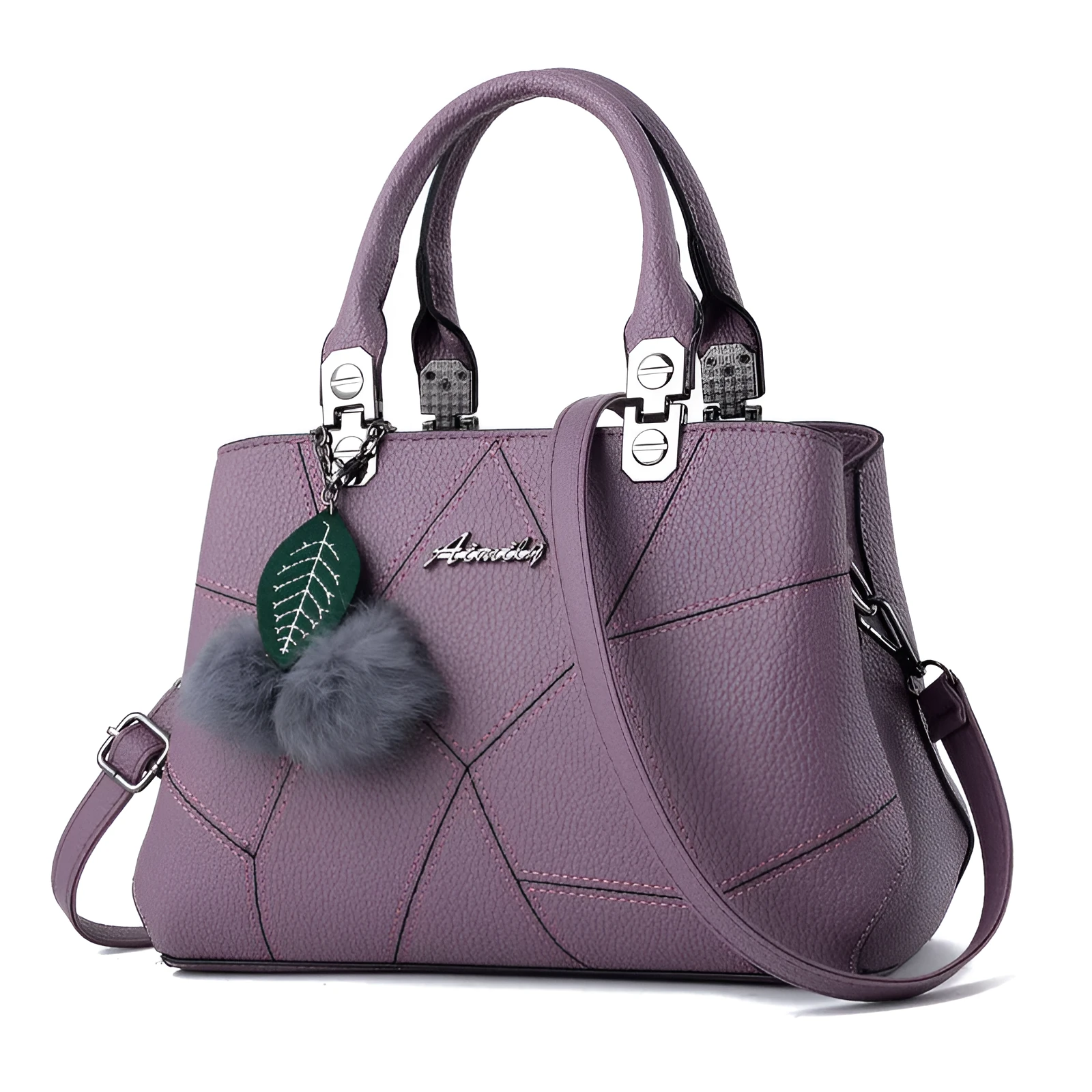 Ladies geometric print PU shoulder messenger bag with ball pendant, available in multiple colours
