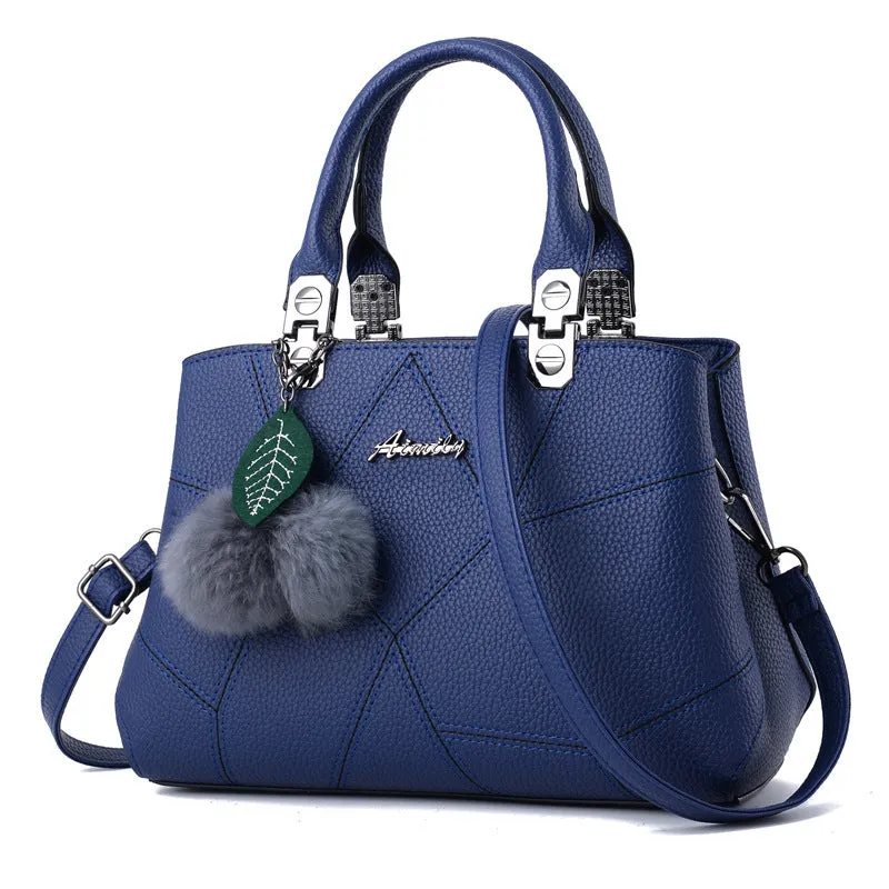 Ladies geometric print PU shoulder messenger bag with ball pendant, available in multiple colours