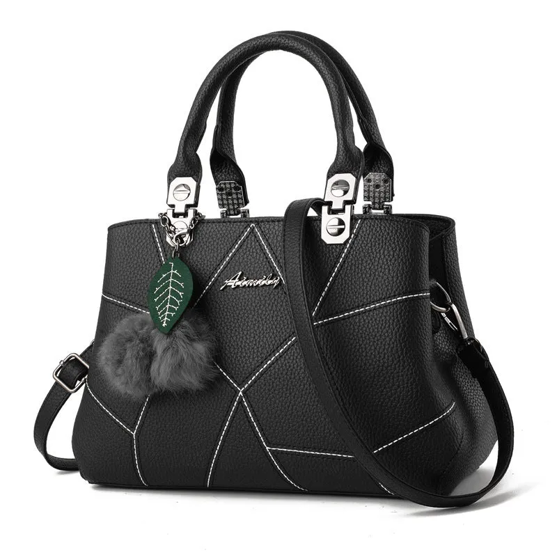 Ladies geometric print PU shoulder messenger bag with ball pendant, available in multiple colours