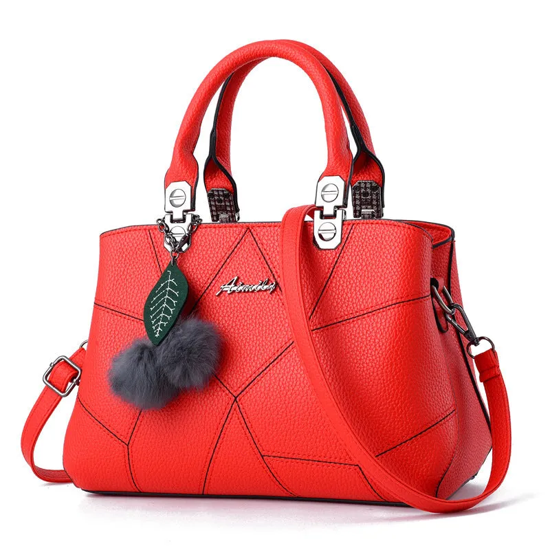 Ladies geometric print PU shoulder messenger bag with ball pendant, available in multiple colours