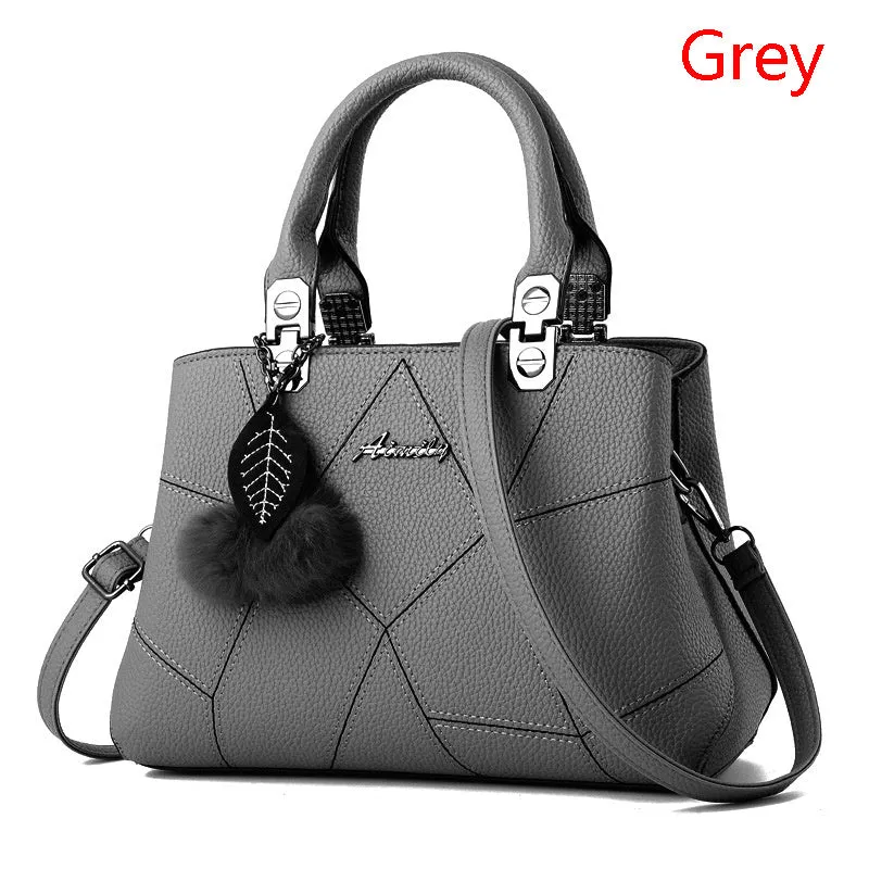Ladies geometric print PU shoulder messenger bag with ball pendant, available in multiple colours