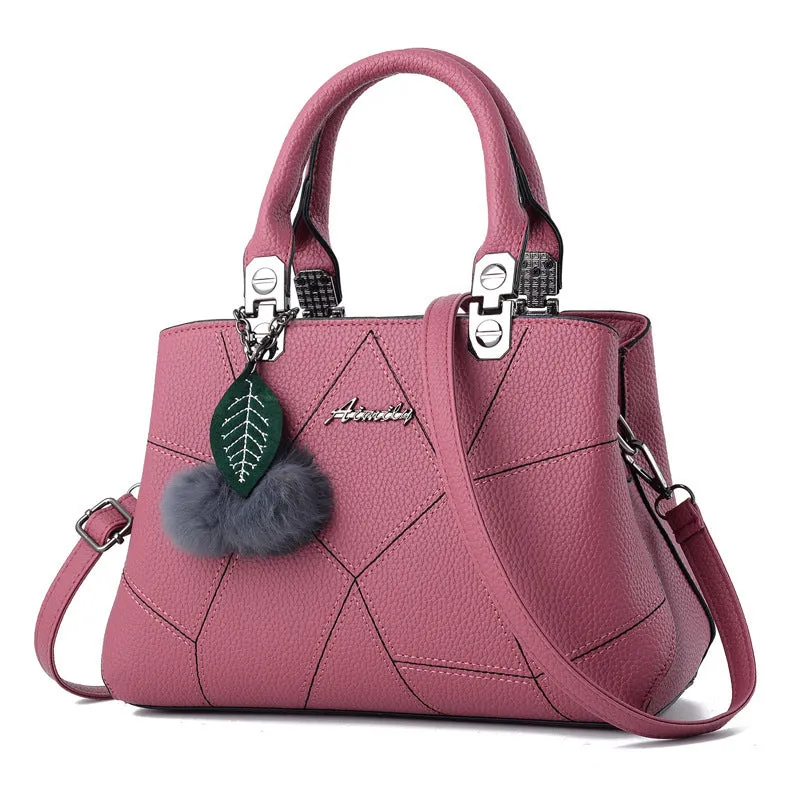 Ladies geometric print PU shoulder messenger bag with ball pendant, available in multiple colours