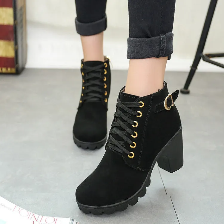 Chunky block heel ankle boots for women, round toe, front tie, low canister, artificial PU suede upper, rubber sole