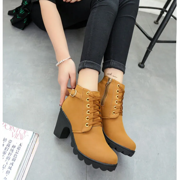 Chunky block heel ankle boots for women, round toe, front tie, low canister, artificial PU suede upper, rubber sole