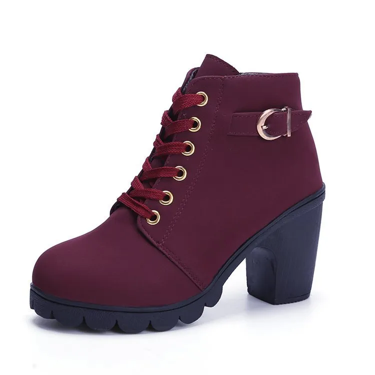 Chunky block heel ankle boots for women, round toe, front tie, low canister, artificial PU suede upper, rubber sole