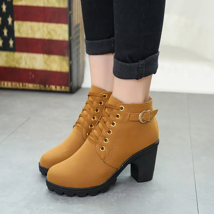 Chunky block heel ankle boots for women, round toe, front tie, low canister, artificial PU suede upper, rubber sole
