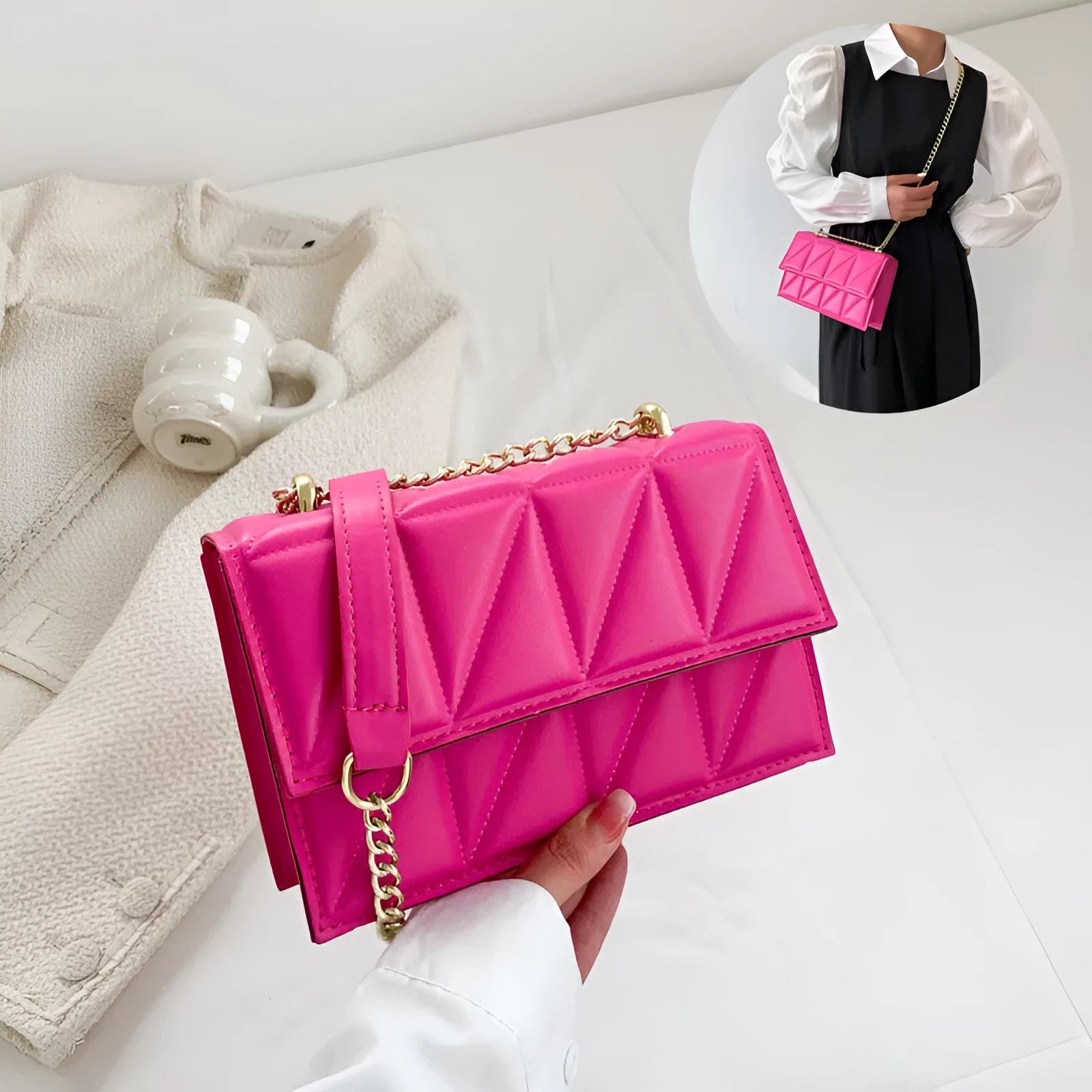 Small square PU chain crossbody bag in horizontal shape with spliced detail, available in five colours.