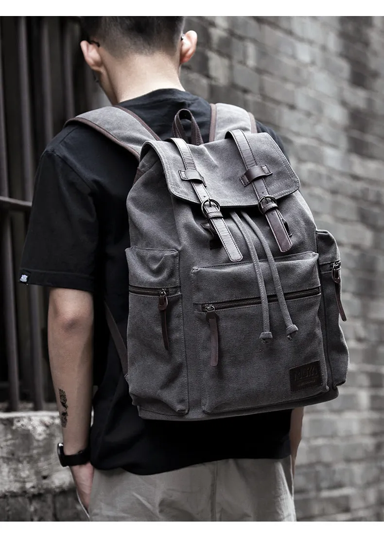 Men's retro canvas backpack in khaki, large 33x18x46 cm capacity, with contrast handles and solid colour design