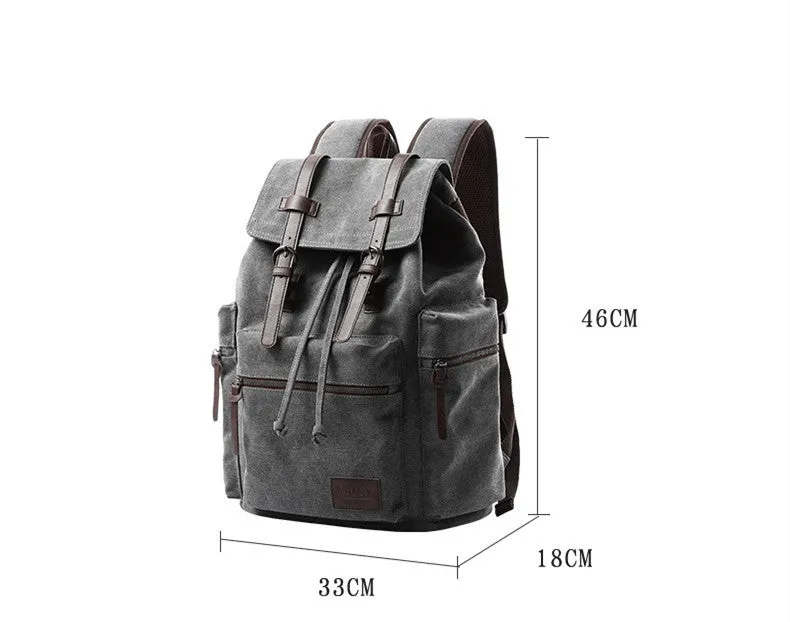 Men's retro canvas backpack in khaki, large 33x18x46 cm capacity, with contrast handles and solid colour design