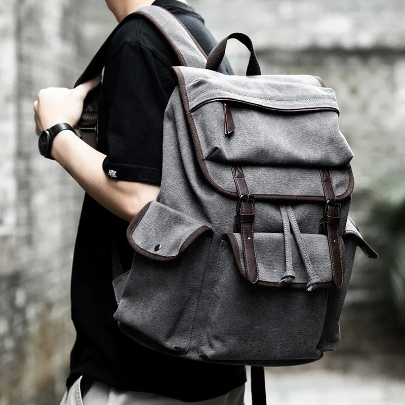Men's retro canvas backpack in khaki, large 33x18x46 cm capacity, with contrast handles and solid colour design