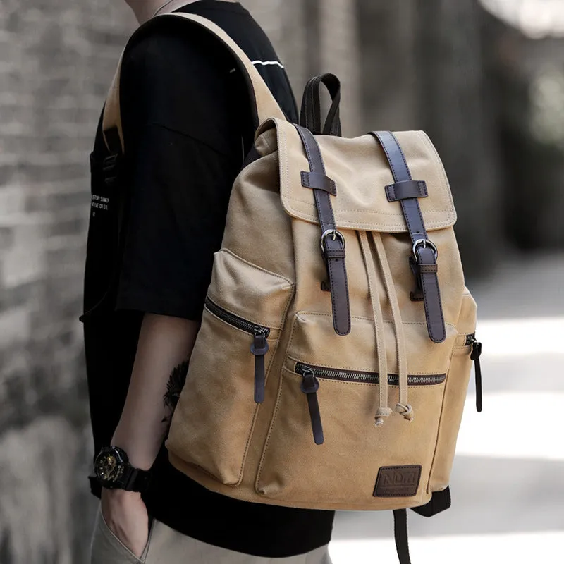 Men's retro canvas backpack in khaki, large 33x18x46 cm capacity, with contrast handles and solid colour design