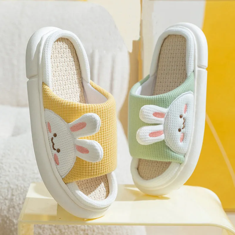 Cute linen rabbit slippers for women, white with stereoscopic rabbit design and anti-slip PVC sole, side view