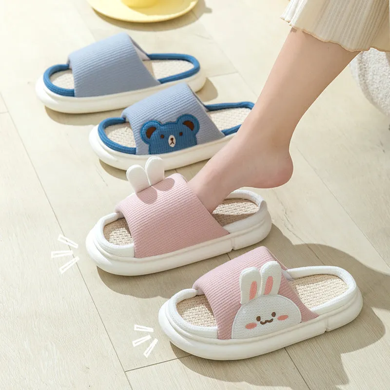 Cute linen rabbit slippers for women, white with stereoscopic rabbit design and anti-slip PVC sole, side view