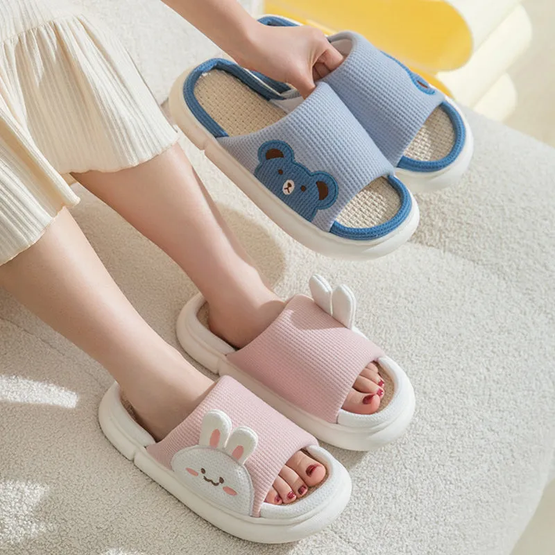 Cute linen rabbit slippers for women, white with stereoscopic rabbit design and anti-slip PVC sole, side view