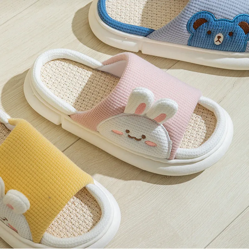 Cute linen rabbit slippers for women, white with stereoscopic rabbit design and anti-slip PVC sole, side view