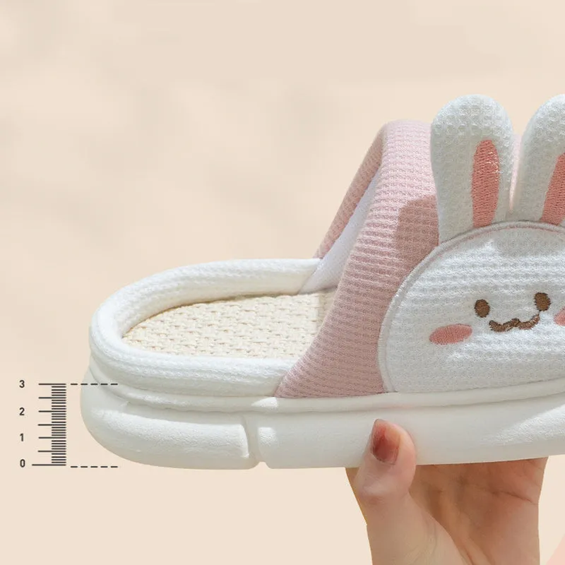 Cute linen rabbit slippers for women, white with stereoscopic rabbit design and anti-slip PVC sole, side view
