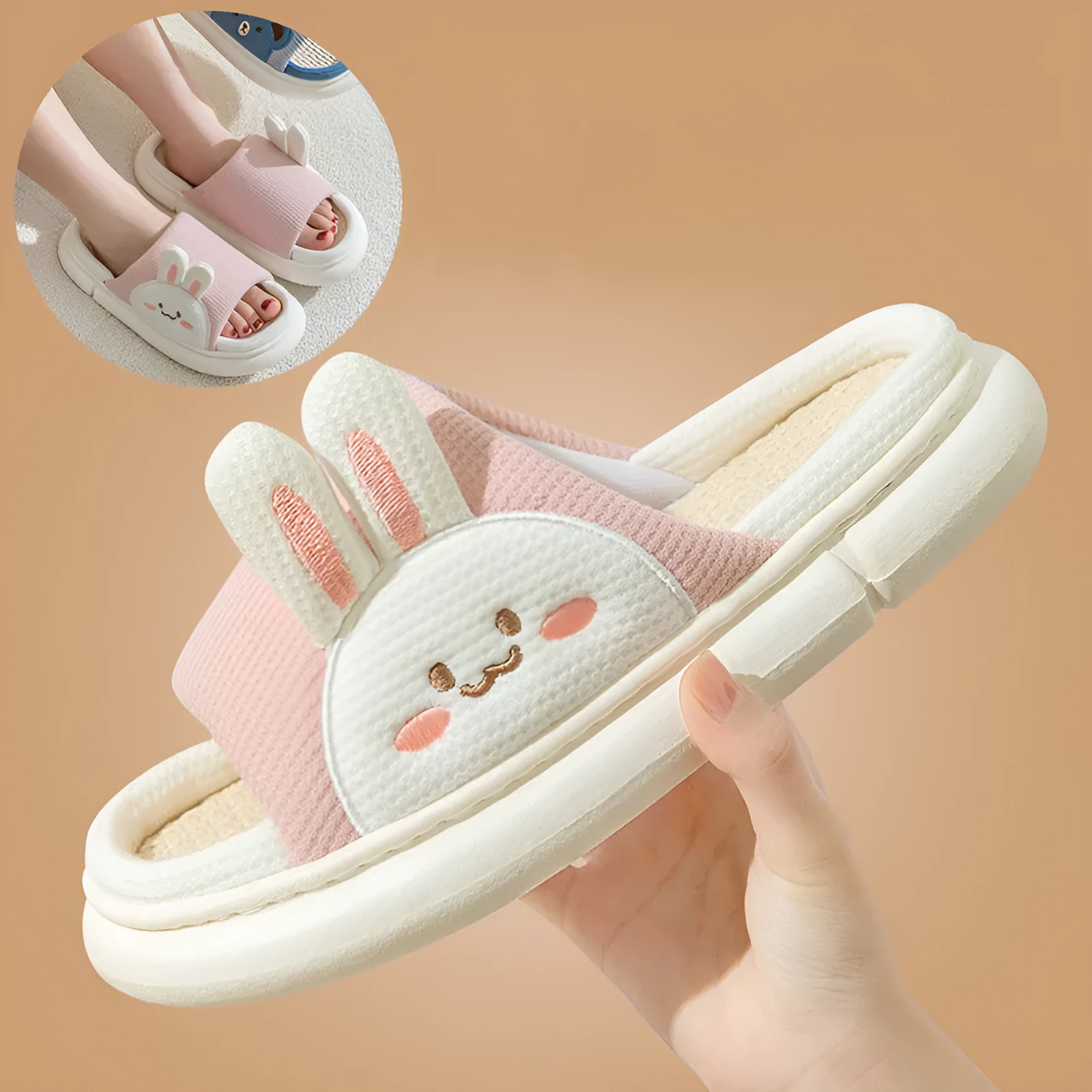 Cute linen rabbit slippers for women, white with stereoscopic rabbit design and anti-slip PVC sole, side view