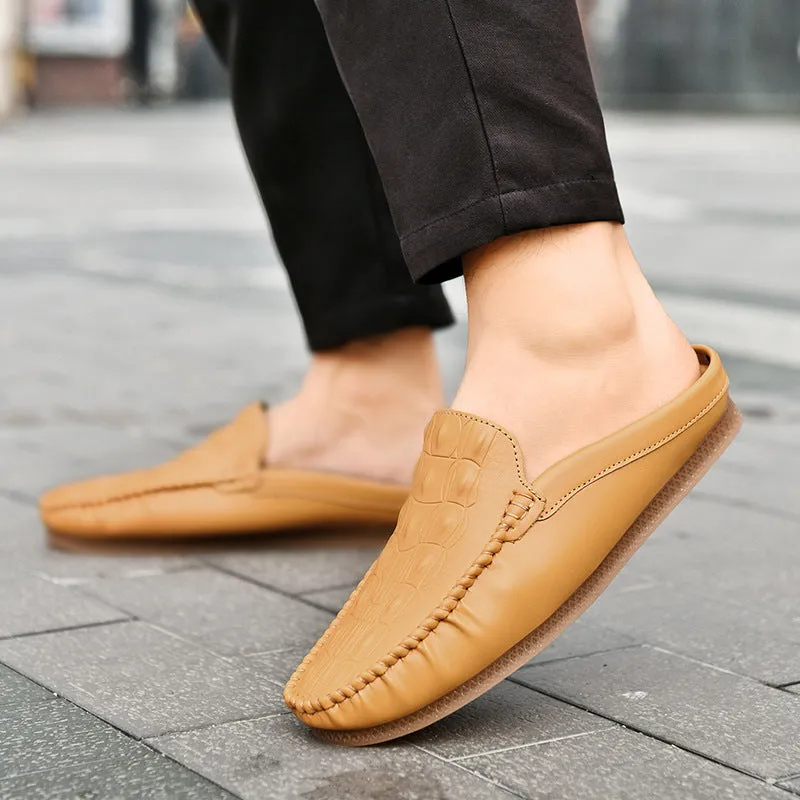 Men's black summer semi-slippers with a breathable artificial PU upper and a textured Gommino rubber sole.