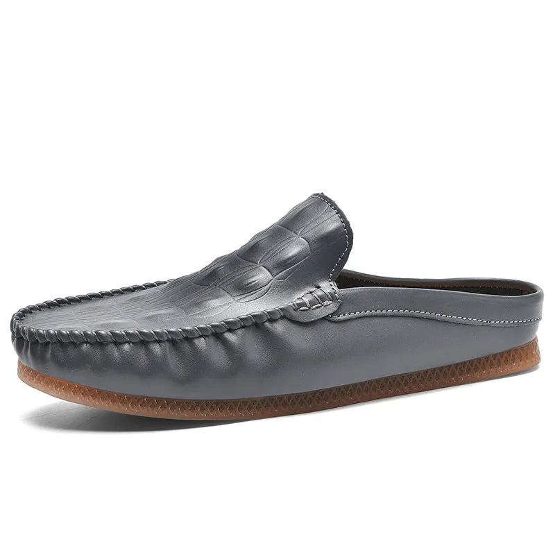 Men's black summer semi-slippers with a breathable artificial PU upper and a textured Gommino rubber sole.