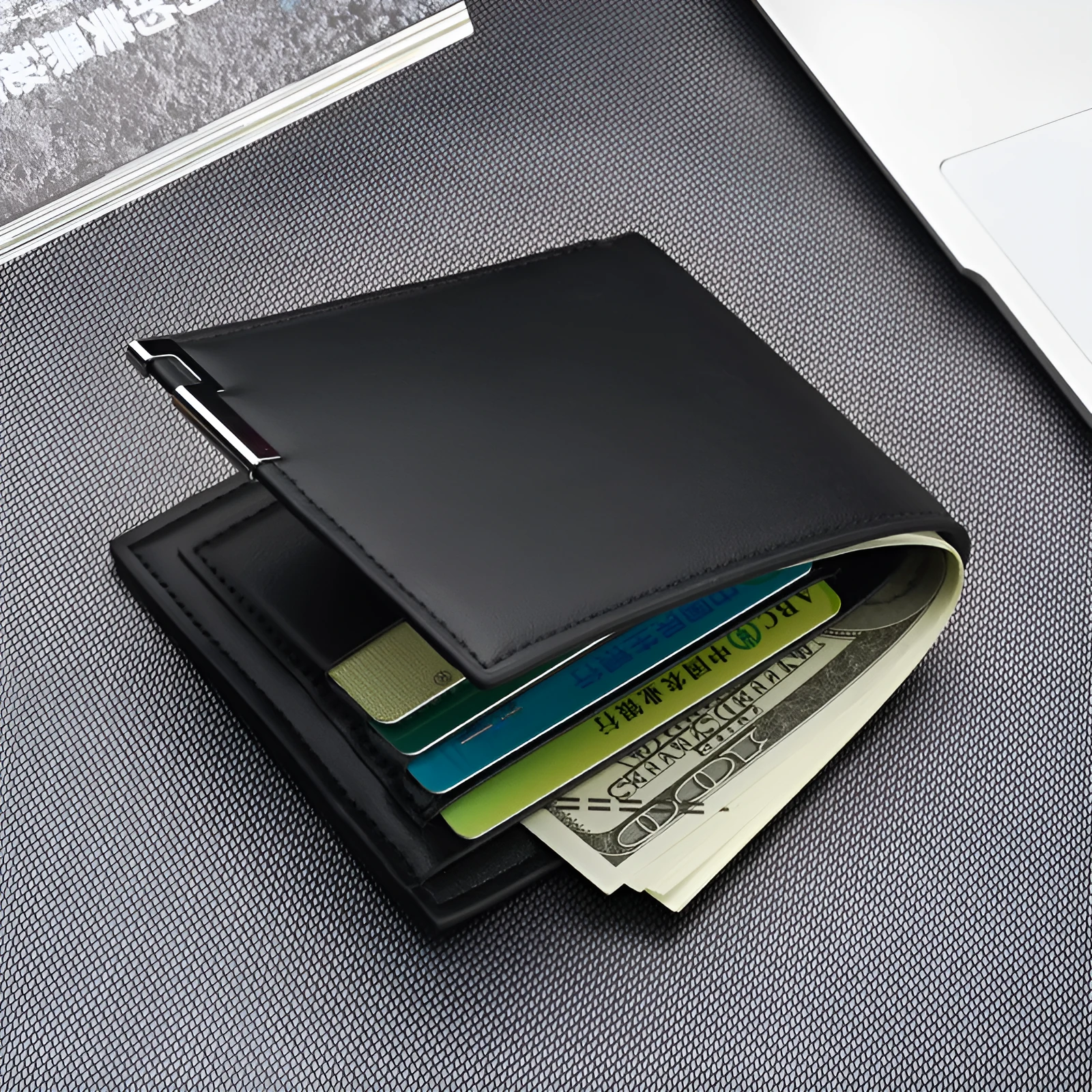 Men's slim PU business money wallet with card slots, 100x120x15mm, black colour