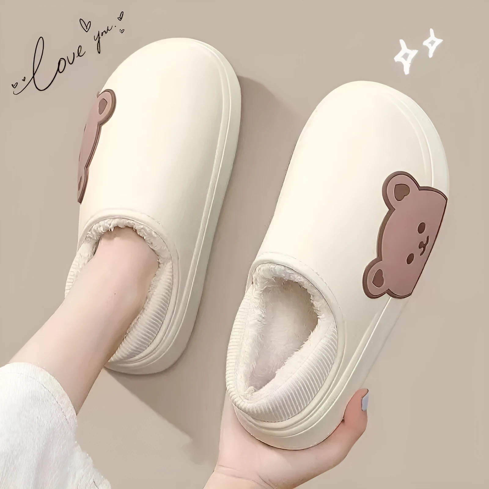 Bear fluffy slippers winter house shoes for women, unisex PVC sole, white colour