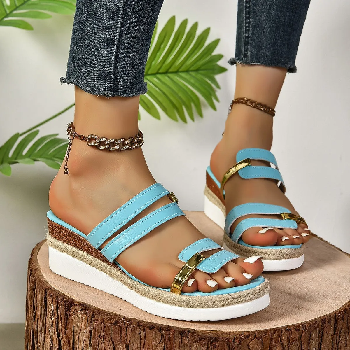 Women's colorblock-strap wedge sandals with hemp heel and PU upper, open toe