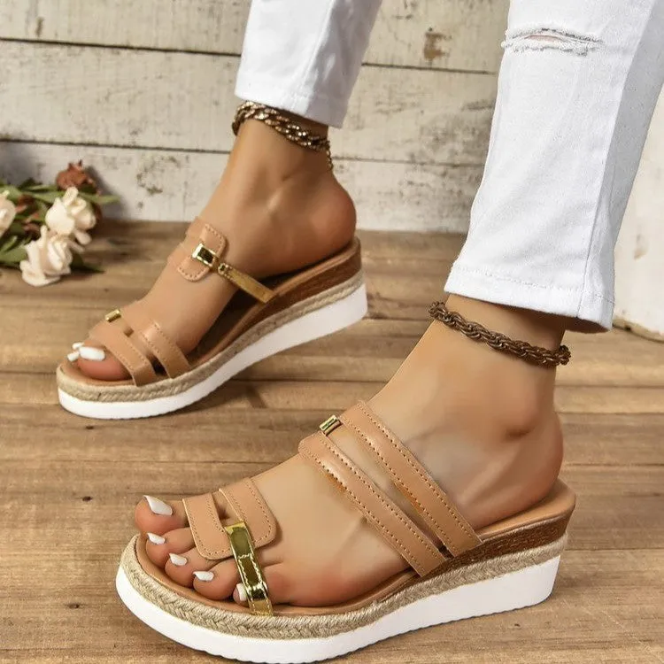 Women's colorblock-strap wedge sandals with hemp heel and PU upper, open toe