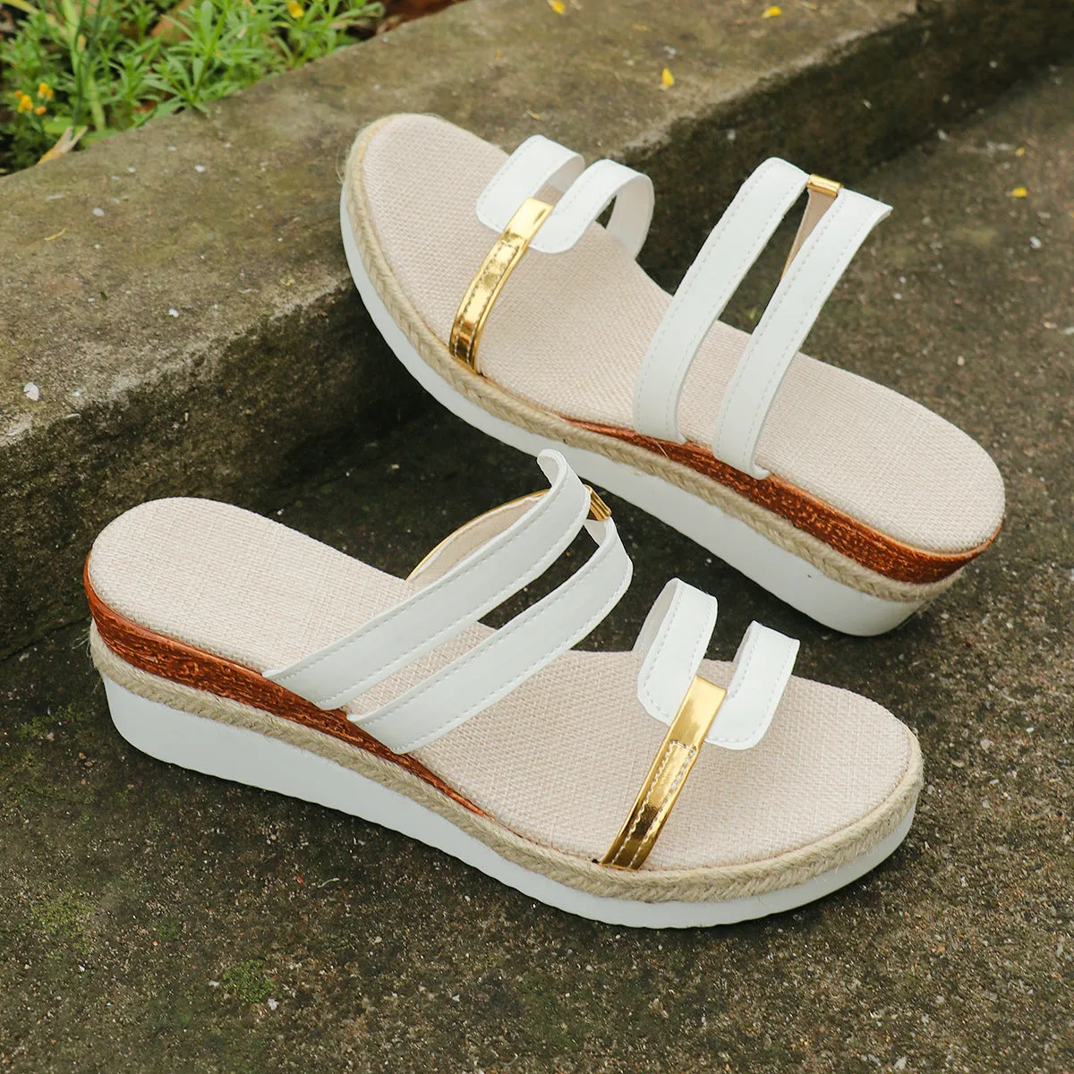 Women's colorblock-strap wedge sandals with hemp heel and PU upper, open toe