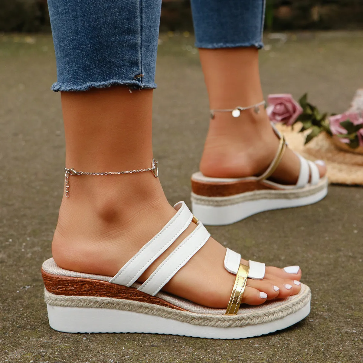 Women's colorblock-strap wedge sandals with hemp heel and PU upper, open toe