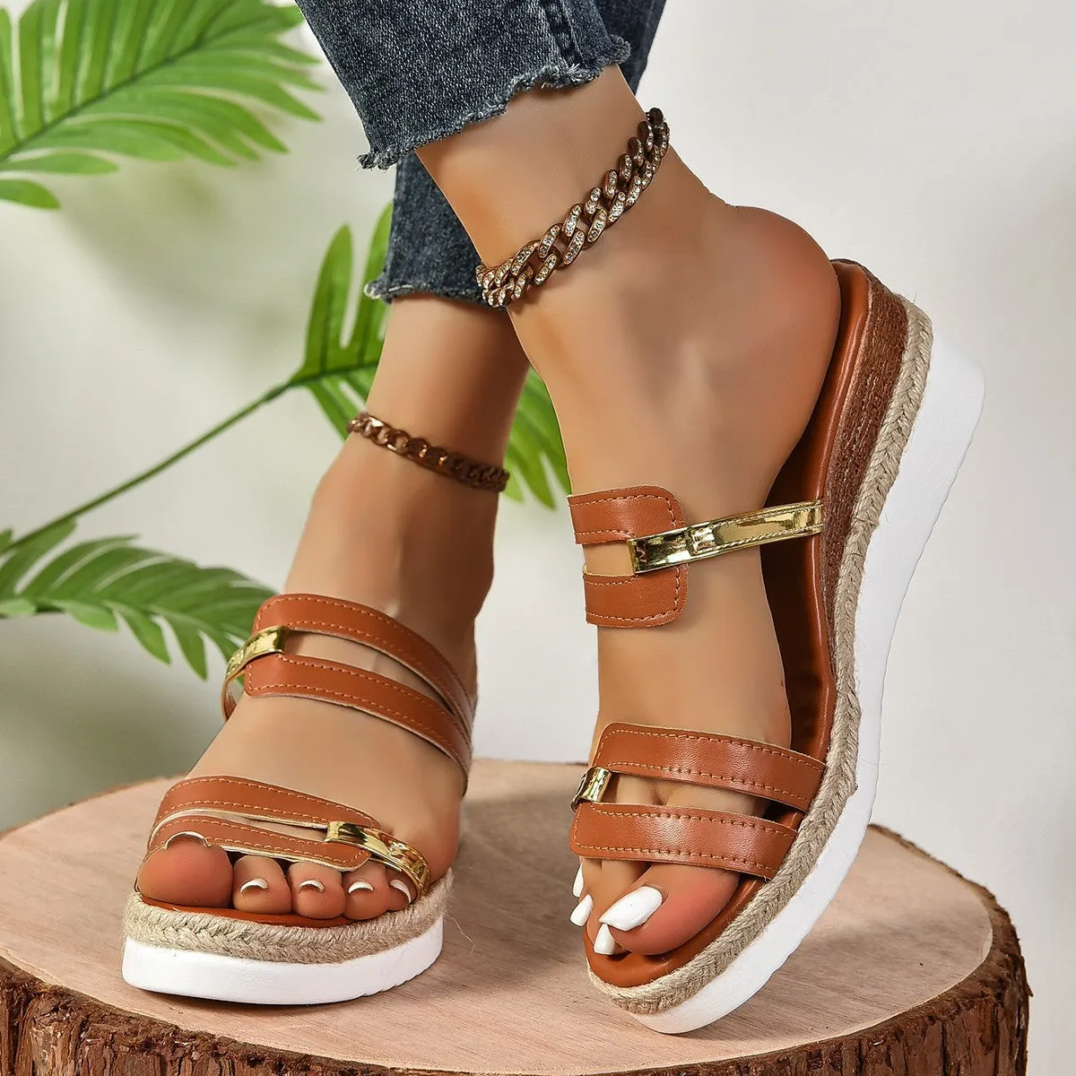 Women's colorblock-strap wedge sandals with hemp heel and PU upper, open toe