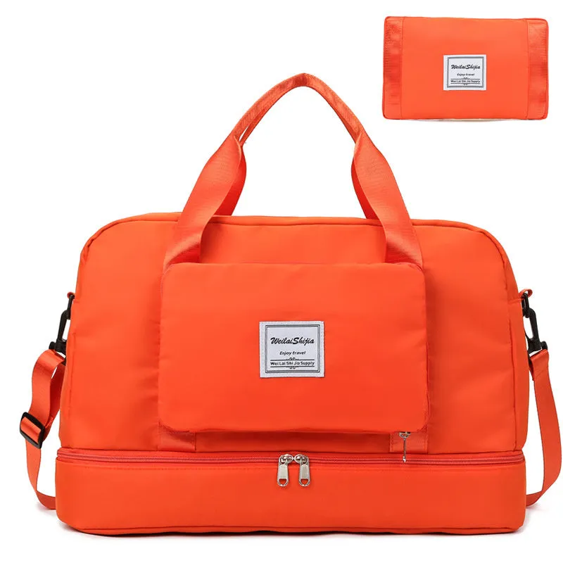 Foldable Oxford cloth travel duffel bag for women with zipper pockets and dry wet separation in purple