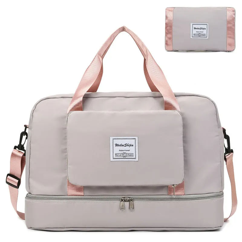Foldable Oxford cloth travel duffel bag for women with zipper pockets and dry wet separation in purple