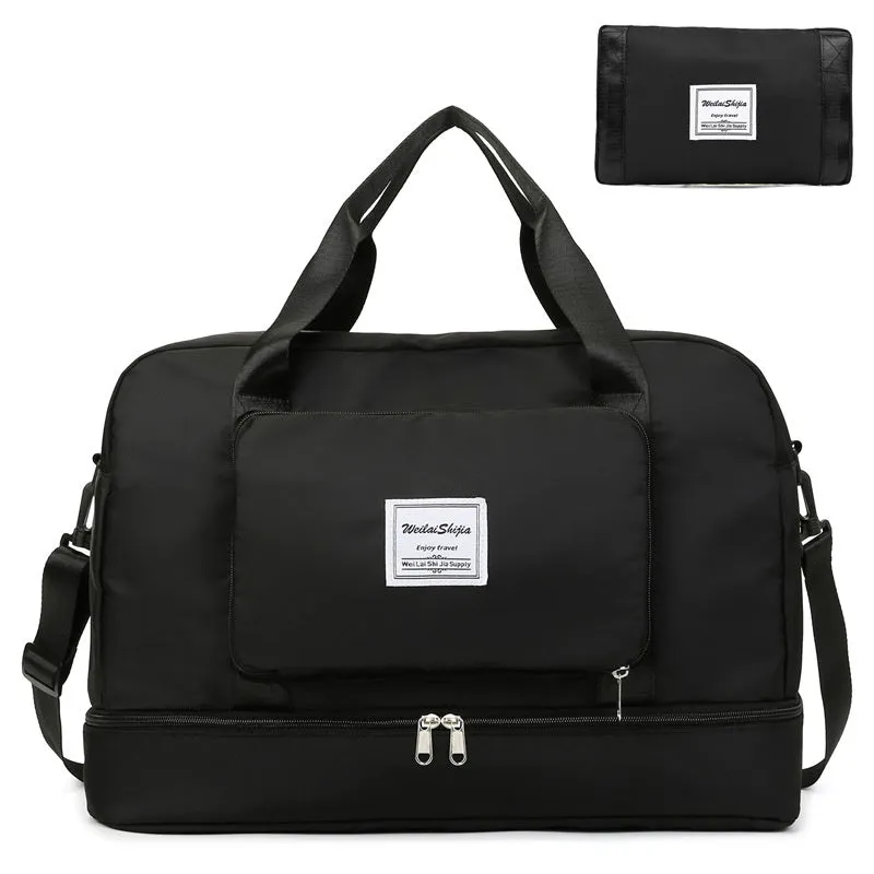 Foldable Oxford cloth travel duffel bag for women with zipper pockets and dry wet separation in purple