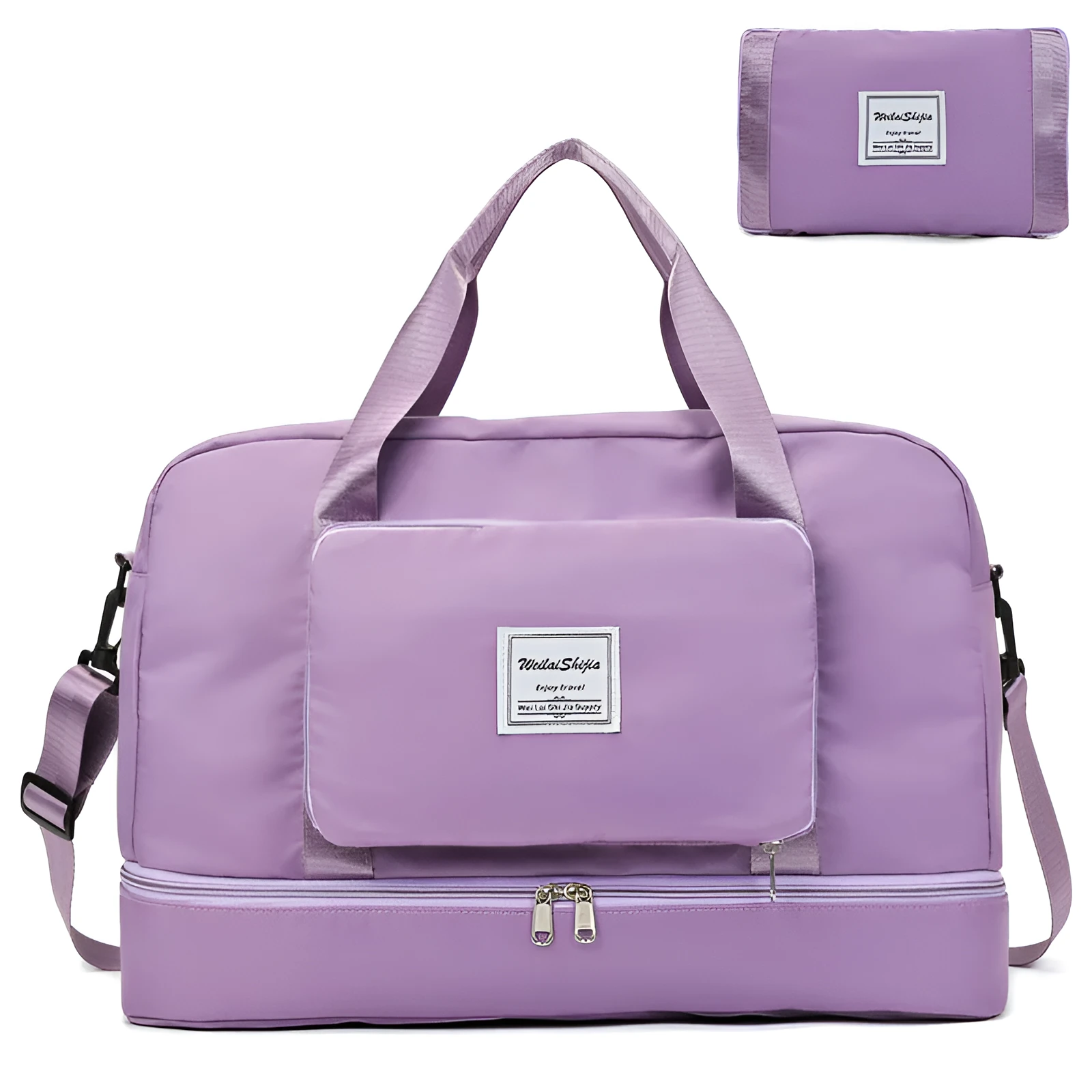 Foldable Oxford cloth travel duffel bag for women with zipper pockets and dry wet separation in purple