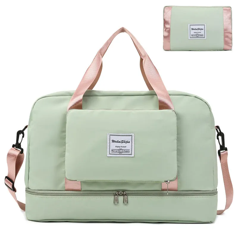 Foldable Oxford cloth travel duffel bag for women with zipper pockets and dry wet separation in purple