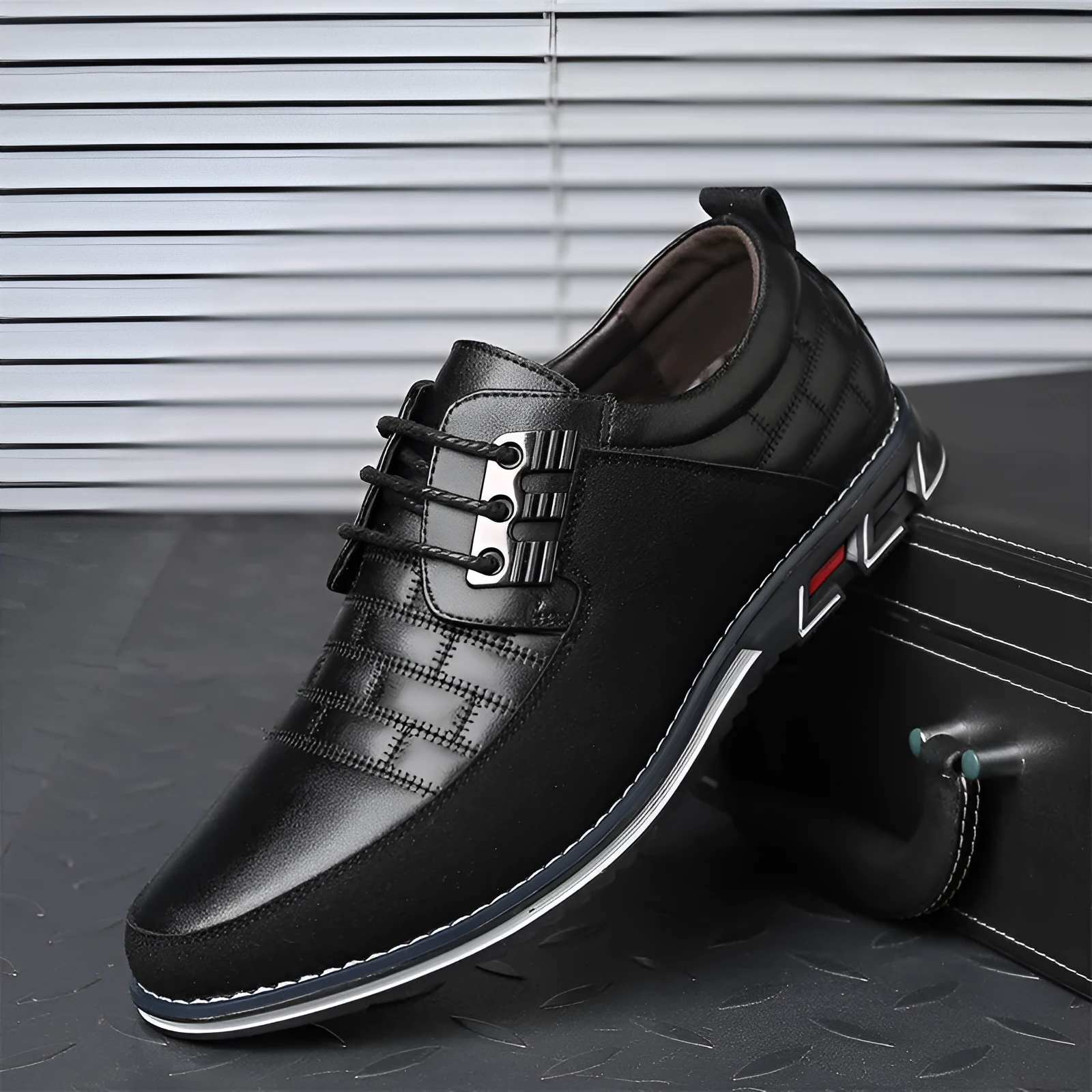 Men's black casual leather shoes with microfiber upper, rubber sole, and leather toe cap on a neutral background