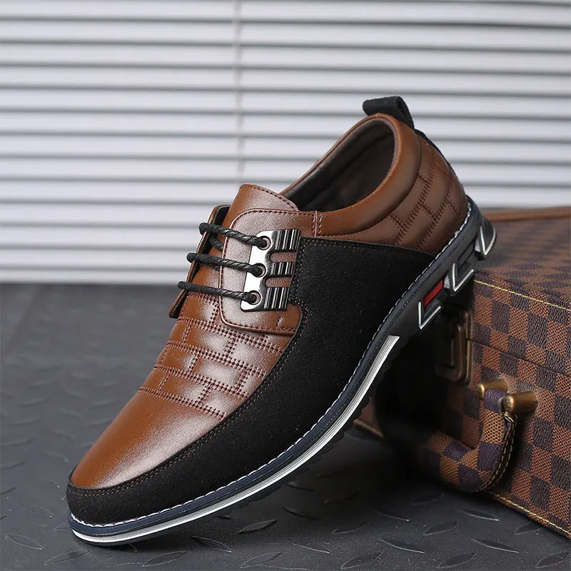 Men's black casual leather shoes with microfiber upper, rubber sole, and leather toe cap on a neutral background