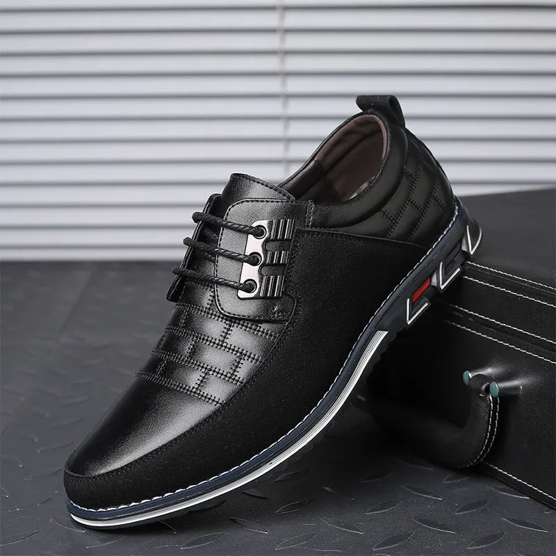 Men's black casual leather shoes with microfiber upper, rubber sole, and leather toe cap on a neutral background