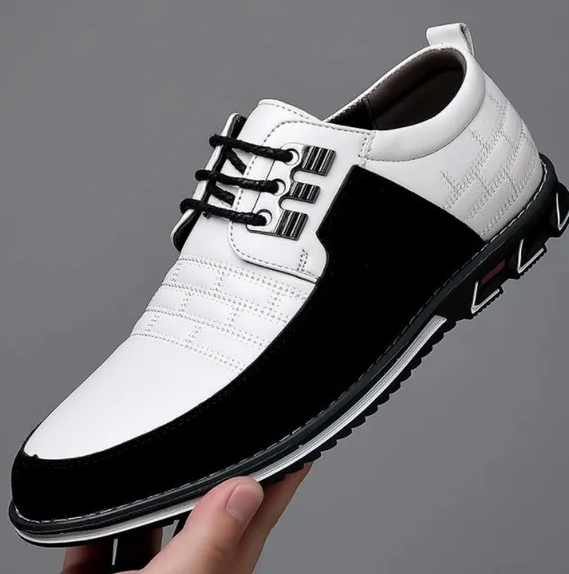 Men's black casual leather shoes with microfiber upper, rubber sole, and leather toe cap on a neutral background
