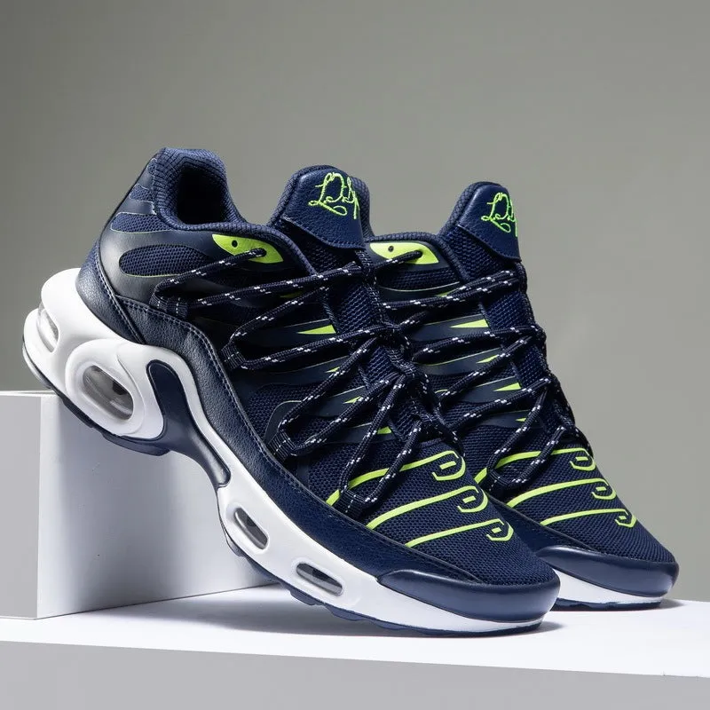Men's training running shoes with air cushion, mesh upper, and rubber sole in black