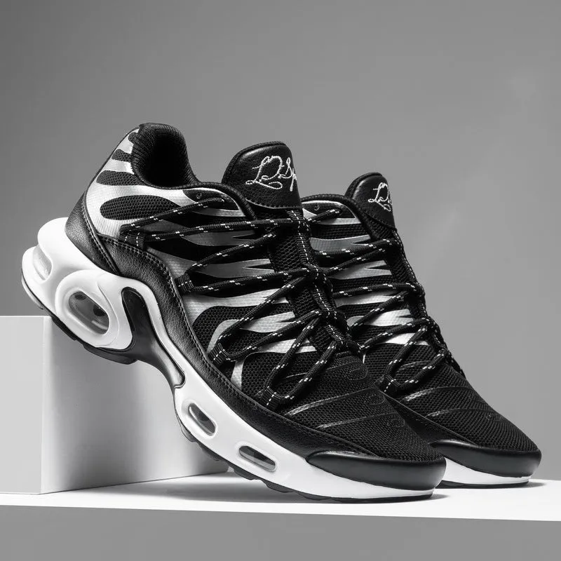 Men's training running shoes with air cushion, mesh upper, and rubber sole in black