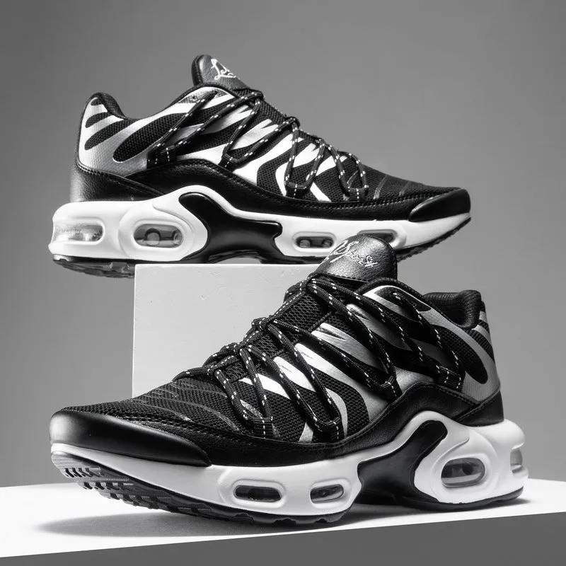 Men's training running shoes with air cushion, mesh upper, and rubber sole in black