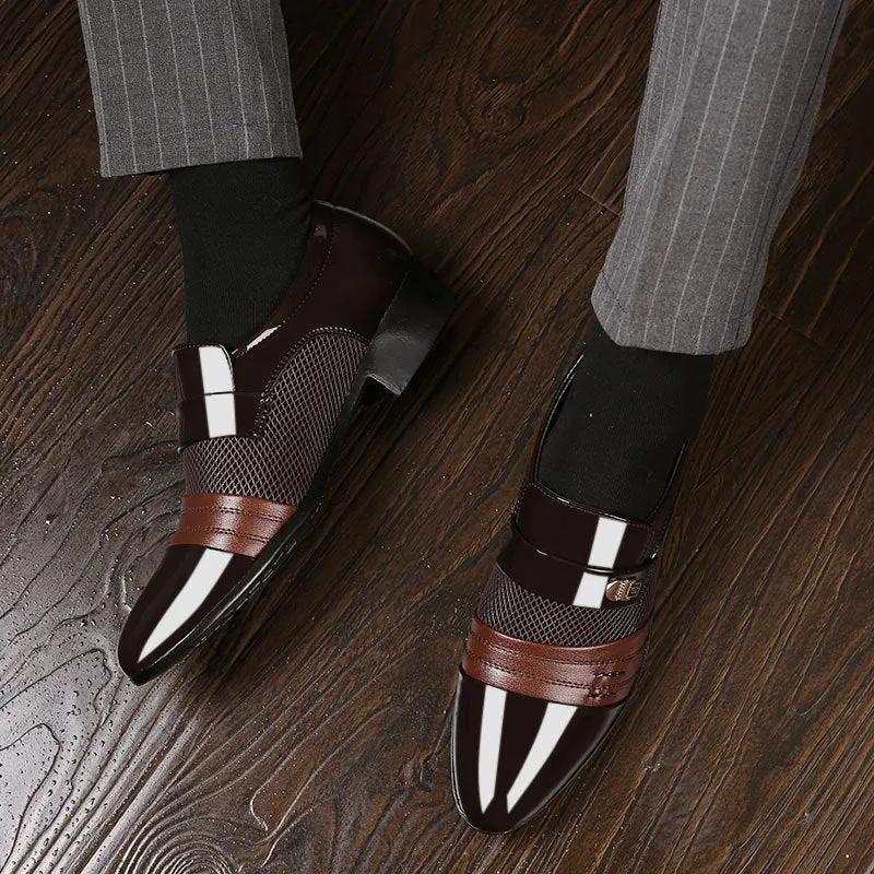 Men's pointed toe leather-style shoes in black with low-top business design and rubber sole