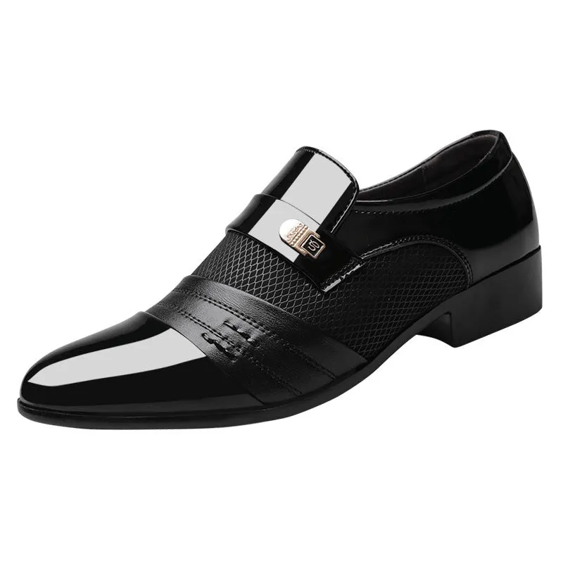 Men's pointed toe leather-style shoes in black with low-top business design and rubber sole
