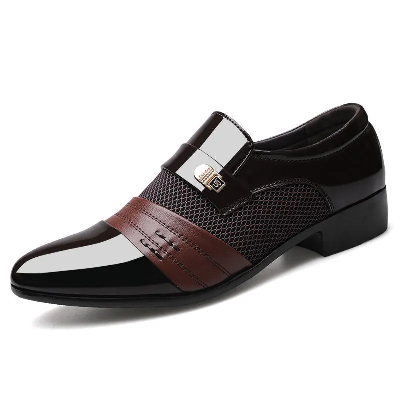 Men's pointed toe leather-style shoes in black with low-top business design and rubber sole