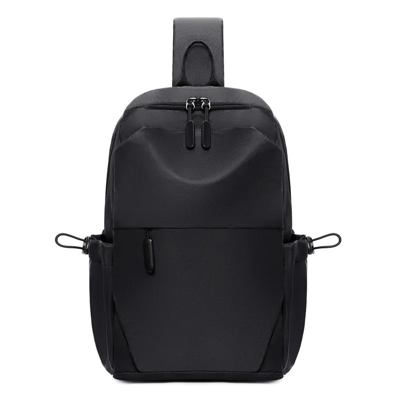 Men's grey waterproof chest bag showing front compartment and shoulder strap