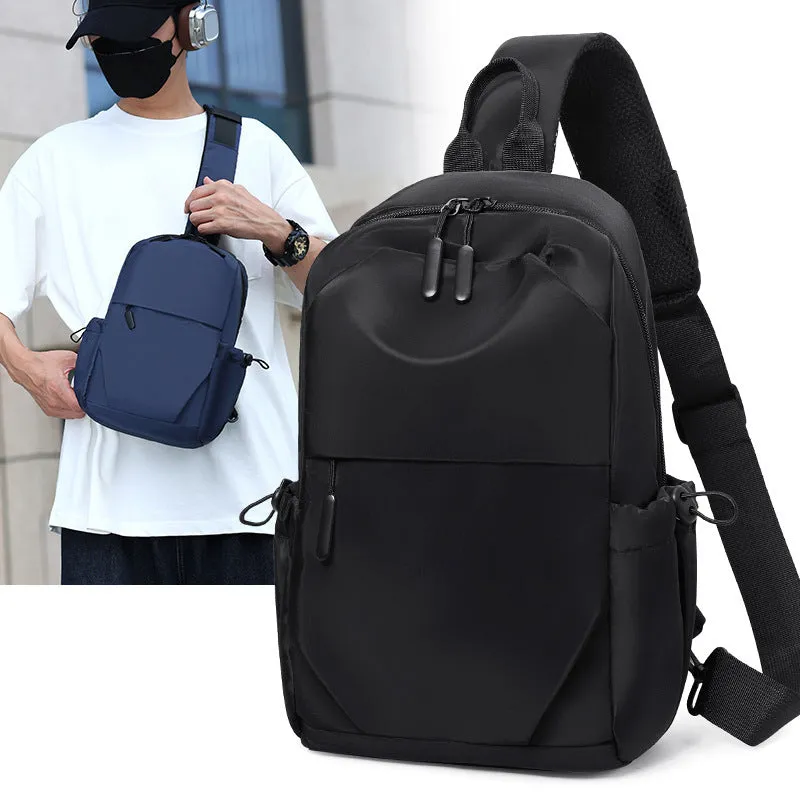 Men's grey waterproof chest bag showing front compartment and shoulder strap