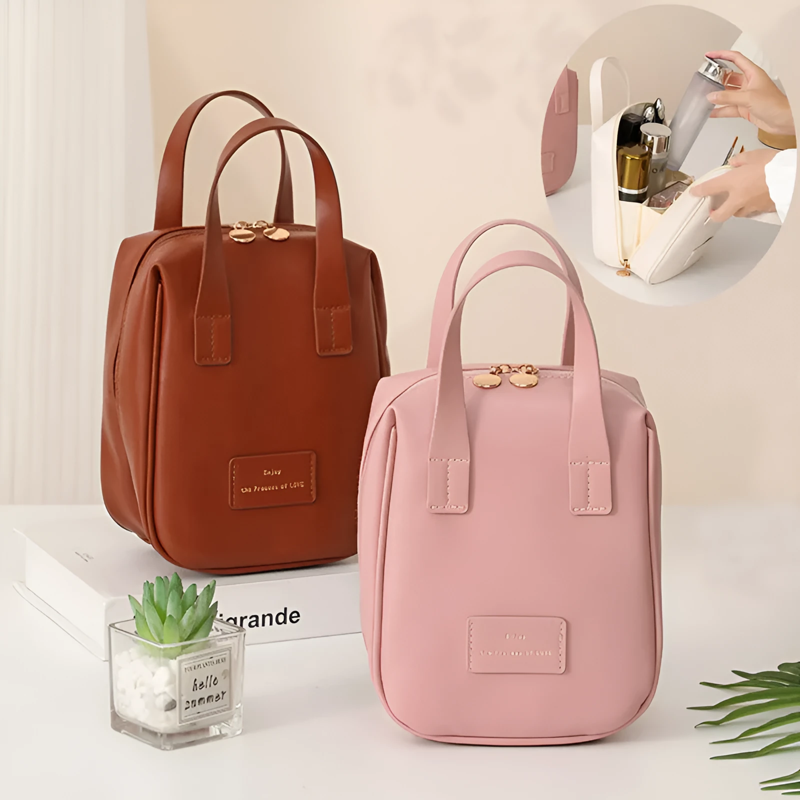 Handle-top cosmetic bag shell-shaped design in cream white with high capacity storage for travel and home use